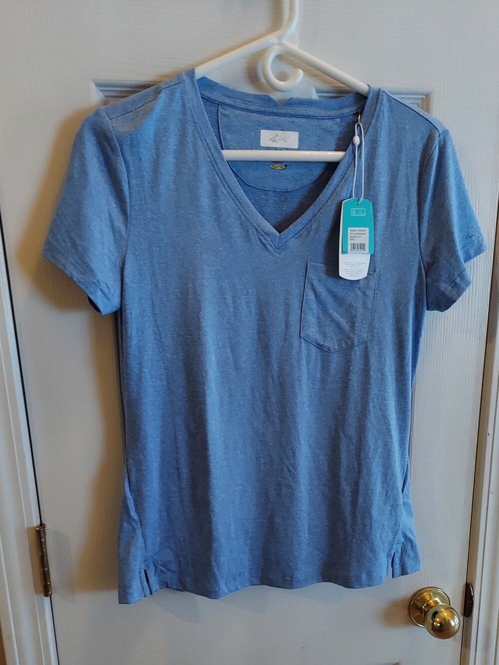 Greg Norman PLAY DRY Loose Fit V-Neck Pocket T-Shirt Heathered Ocean Blue SM NWT
